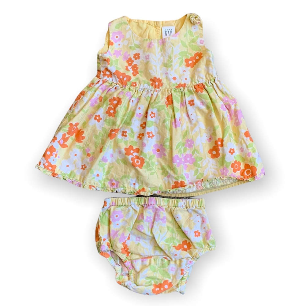 Baby GAP Linen Outfit Yellow Spring Floral Sleeveless Summer Retro Cottagecore